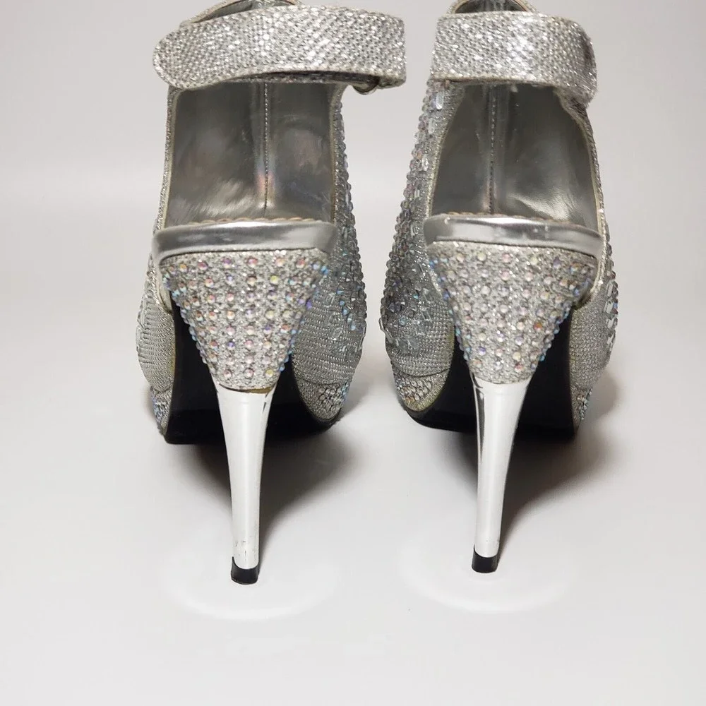 Hot Tomato Silver Embellished Platform Heels Sz 10 Adj Heel Strap Open Toe Y2K